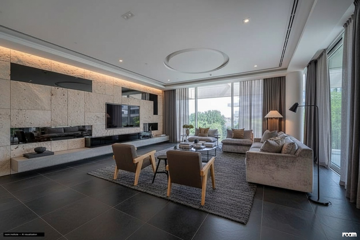 Ashjar E1, Ashjar, Al Barari Living Room Alt Angle — Stone & Silk Adynaton design direction