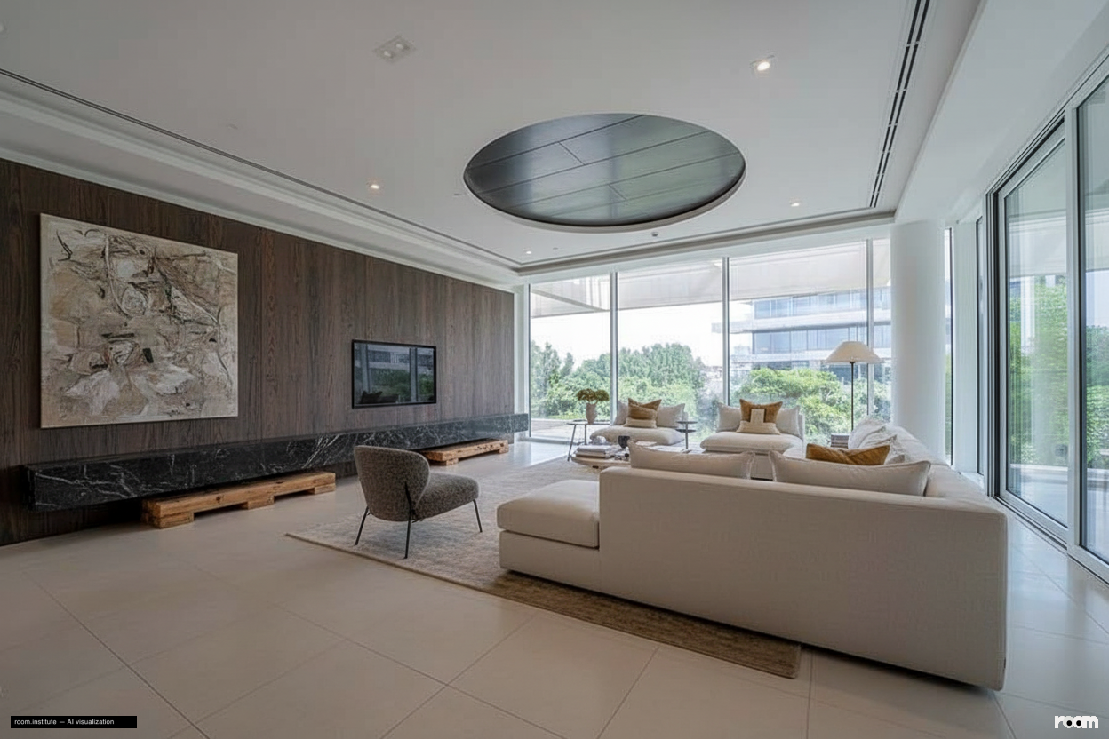 Ashjar E1, Ashjar, Al Barari Living Room Alt Angle — Truncated Plane design direction