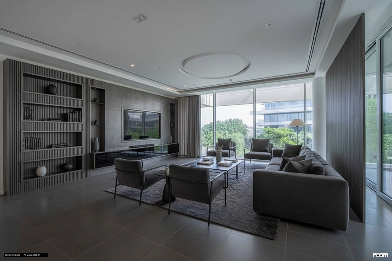 Ashjar E1, Ashjar, Al Barari Living Room Alt Angle — Graphite Amplified design direction