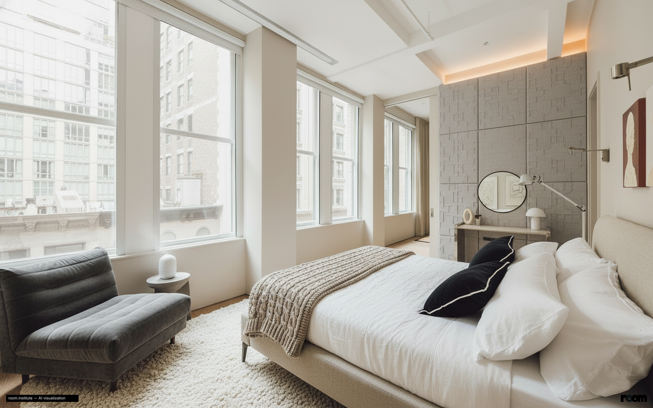6 W 20th St #5 Bedroom — Quietude Layers design direction