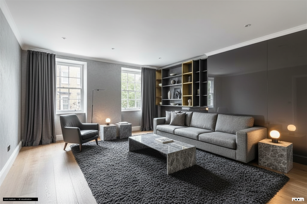 Rutland Gate, Knightsbridge Living Room — Greyscale Shimmer design direction